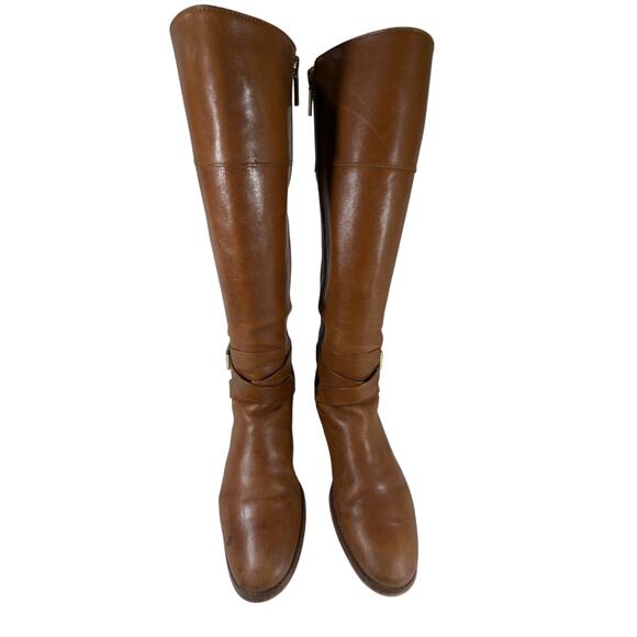 MICHAEL BY MICHAEL KORS! PECAN BROWN GENUINE LEATHER GOLD LOGO BOOTS!SZ 8M - Picture 4 of 12